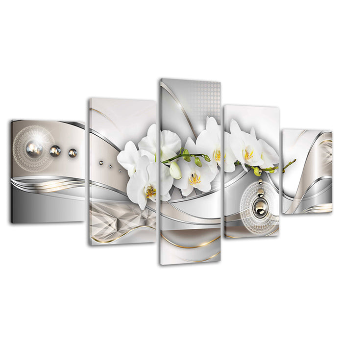 White Orchids And Metal Beads 5 Piece - Canvas Wall Art Painting