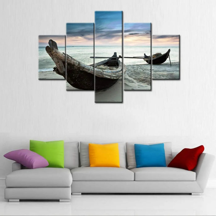 Set Of 5 Two Fisherman Boats Decorative Canvas