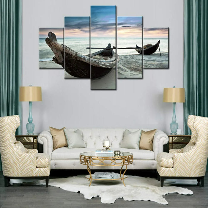 Set Of 5 Two Fisherman Boats Decorative Canvas