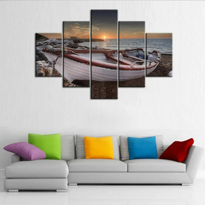 Set Of 5 Art Beach Boat Decorative Canvas