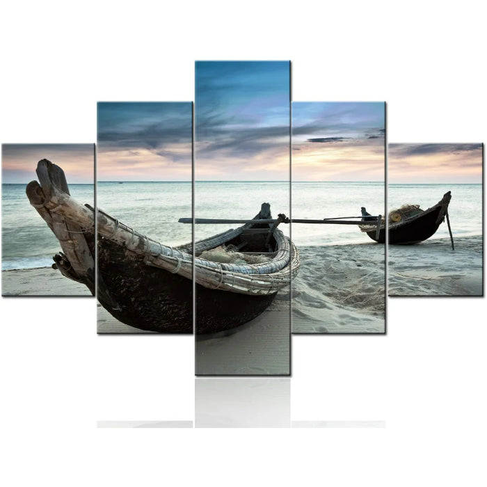 Set Of 5 Two Fisherman Boats Decorative Canvas