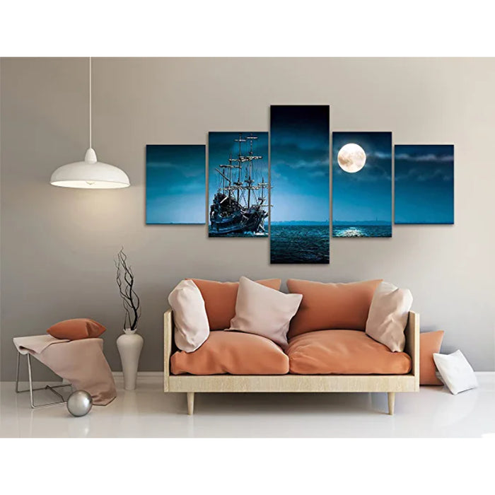 5 Pieces Full Moon Night Pirate Ship Sailing Painting