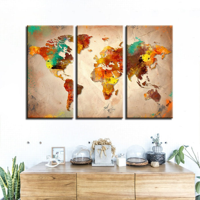 Beautiful Abstract Multi-Color World Map-Canvas Wall Art Painting 3 Pieces
