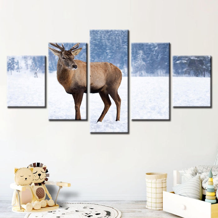 5 Piece Snowy Landscape Deer - Canvas Wall Art Painting