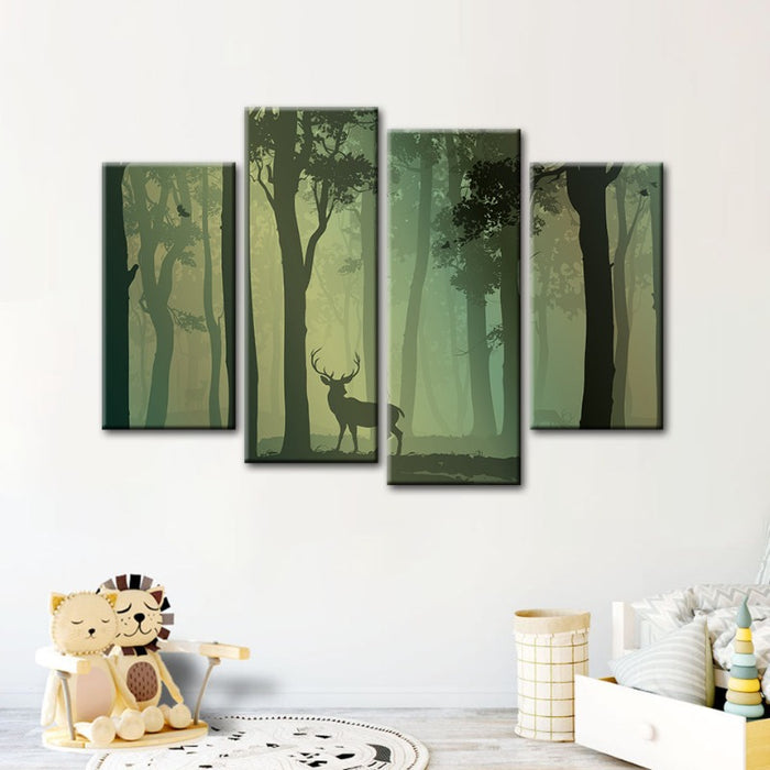 4 Piece Enchanted Green Toned Silhouetted Deer - Canvas Wall Art Painting