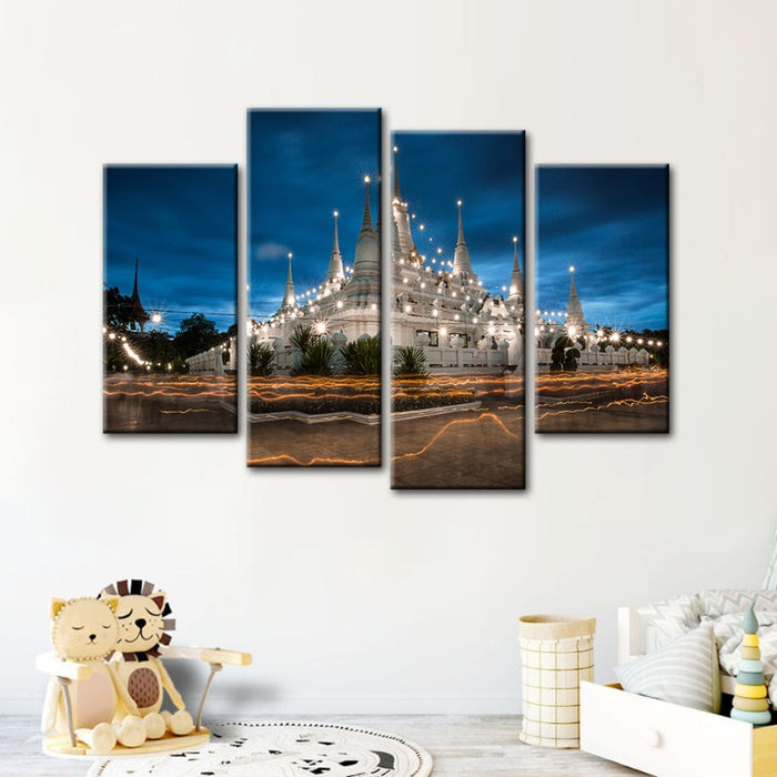 4 Piece Beautiful Temple Night Time - Canvas Wall Art Painting