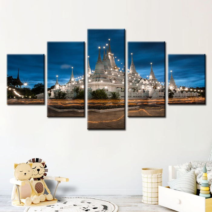 5 Piece Beautiful Temple Night Time - Canvas Wall Art Painting