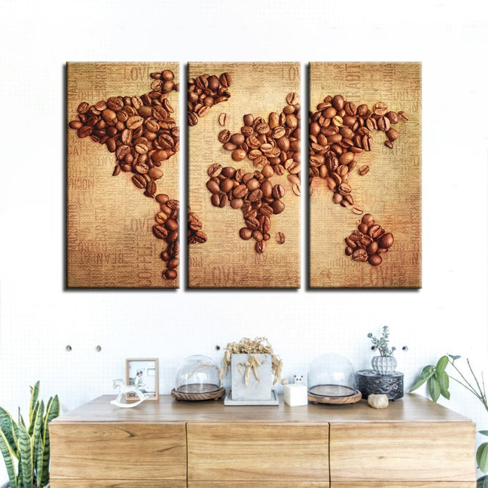 Beautiful Abstract Coffee Beans World Map - Canvas Wall Art Painting 3 Pieces