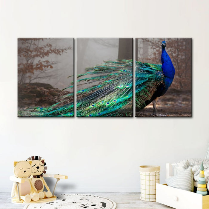 Vivid Peacock By The Pond-Canvas Wall Art Painting 3 Pieces