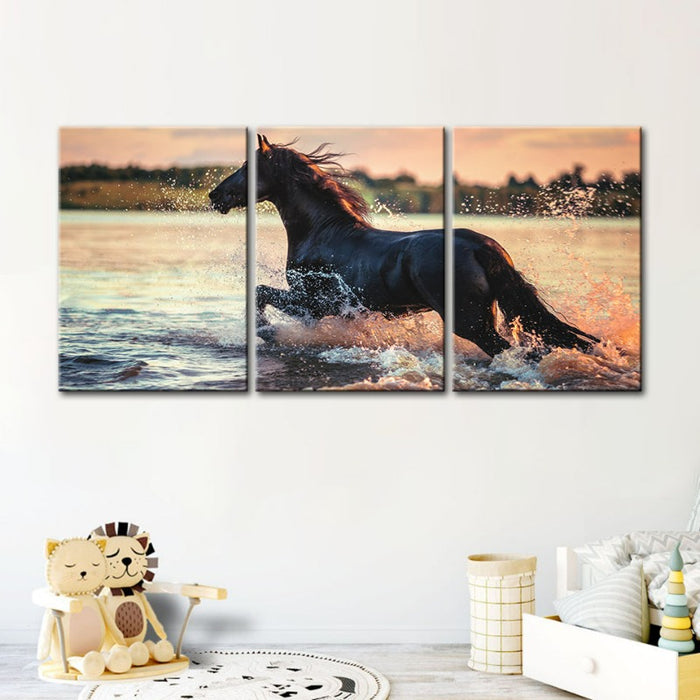 Running Horse In Water-Canvas Wall Art Painting 3 Pieces
