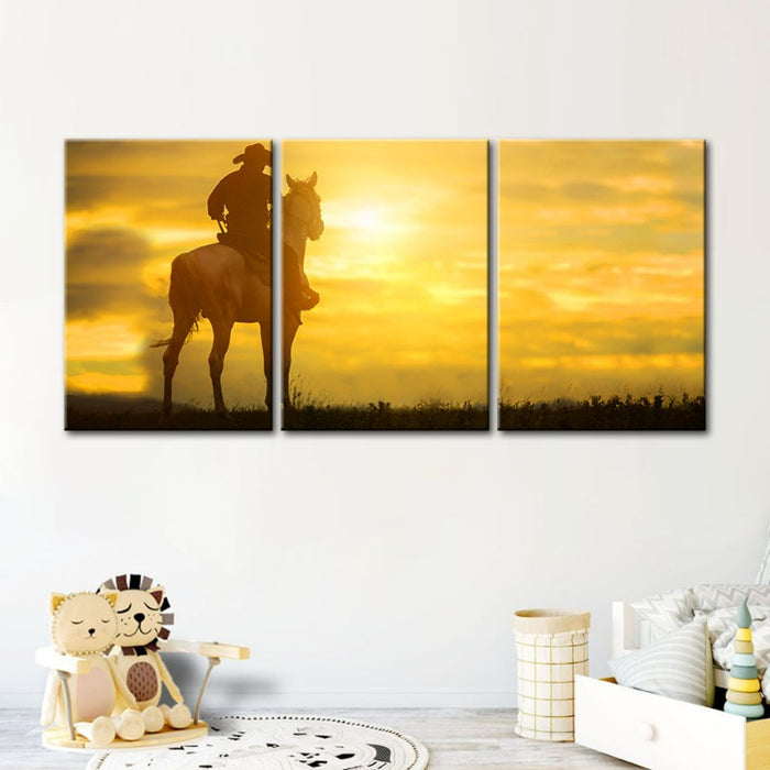 Cowboy And His Steed - Canvas Wall Art Painting 3 Pieces
