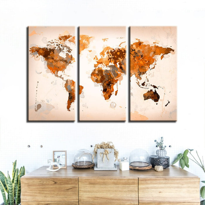Beautiful Abstract Brown World Map-Canvas Wall Art Painting 3 Pieces