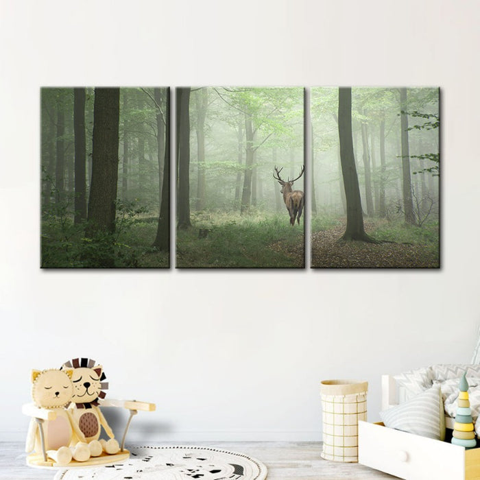 Misty Mystical Deer In The Woods-Canvas Wall Art Painting 3 Pieces