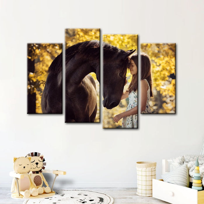 4 Piece Friendship Between a Girl and Horse - Canvas Wall Art Painting