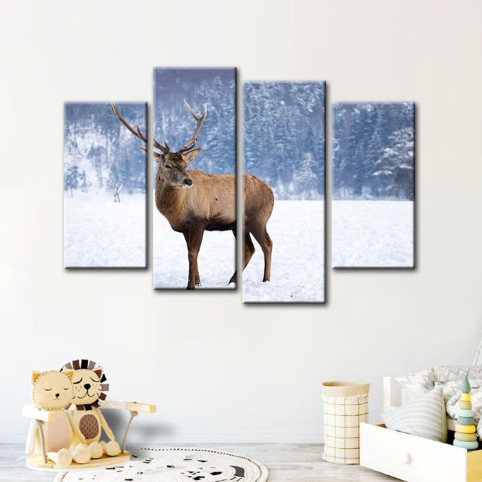 4 Piece Snowy Landscape Deer - Canvas Wall Art Painting