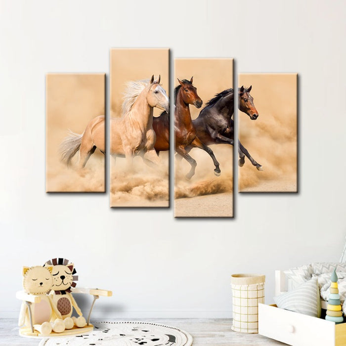 4 Piece Three Running Horses in Desert - Canvas Wall Art Painting