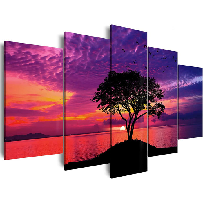 5 Piece Red Beach Sunset Canvas Wall Art Painting