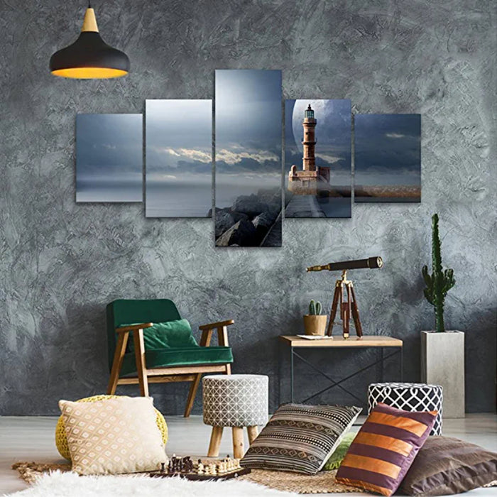 5 Pieces Lighthouse Night Pictures Artwork Canvas Painting