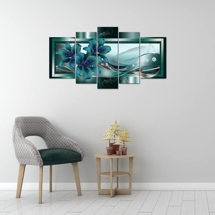 Set Of 5 Teal Lily Canvas Wall Art Painting