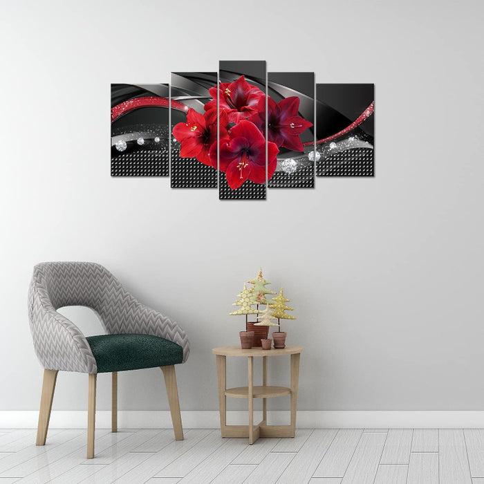 Set Of 5 Red Lily Canvas Wall Art Painting