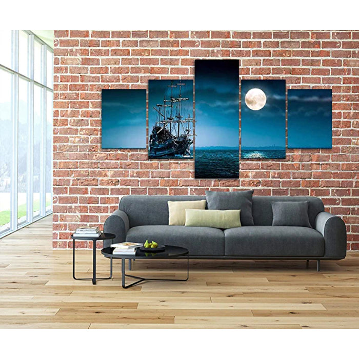 5 Pieces Full Moon Night Pirate Ship Sailing Painting