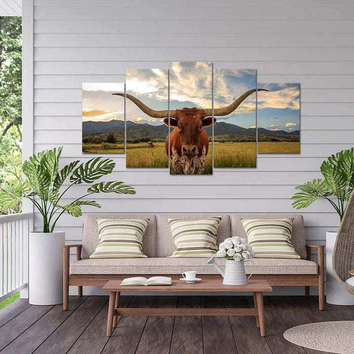 Set Of 5 Longhorn Cow Wall Art Painting