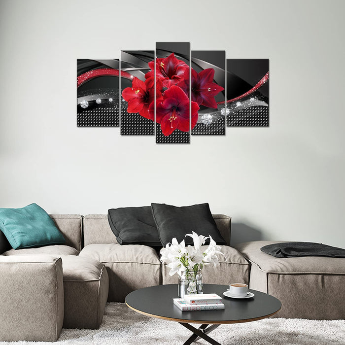 Set Of 5 Red Lily Canvas Wall Art Painting