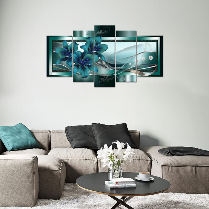 Set Of 5 Teal Lily Canvas Wall Art Painting