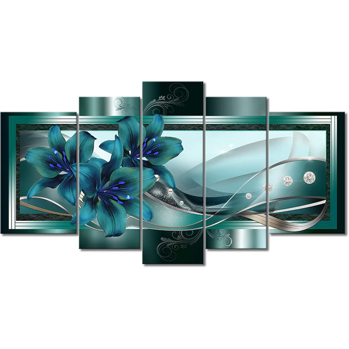 Set Of 5 Teal Lily Canvas Wall Art Painting