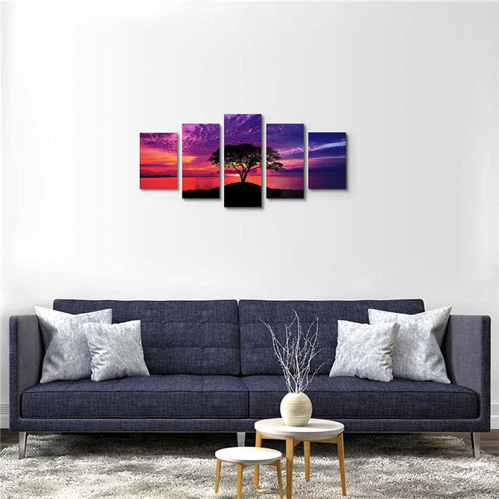 5 Piece Red Beach Sunset Canvas Wall Art Painting
