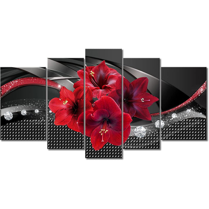 Set Of 5 Red Lily Canvas Wall Art Painting