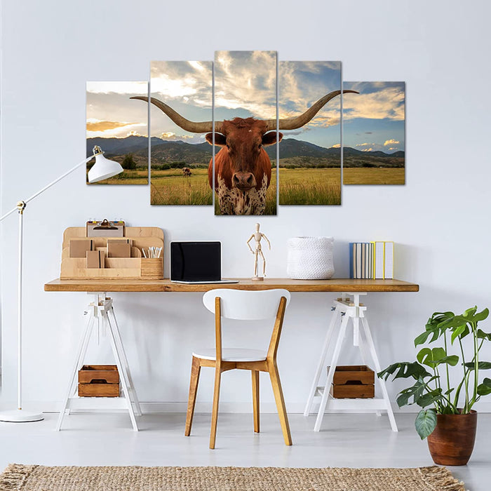 Set Of 5 Longhorn Cow Wall Art Painting