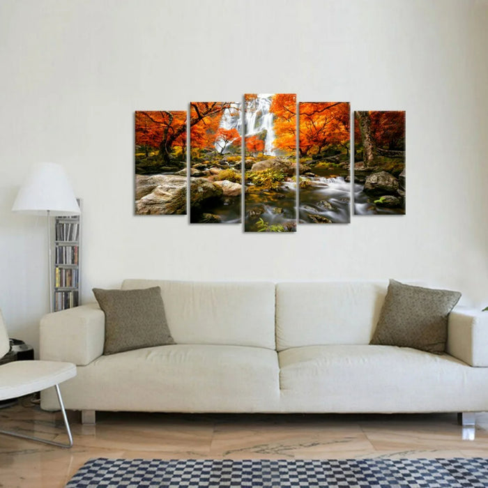 Set Of 5 Autumn Forest Waterfalls Decorative Canvas