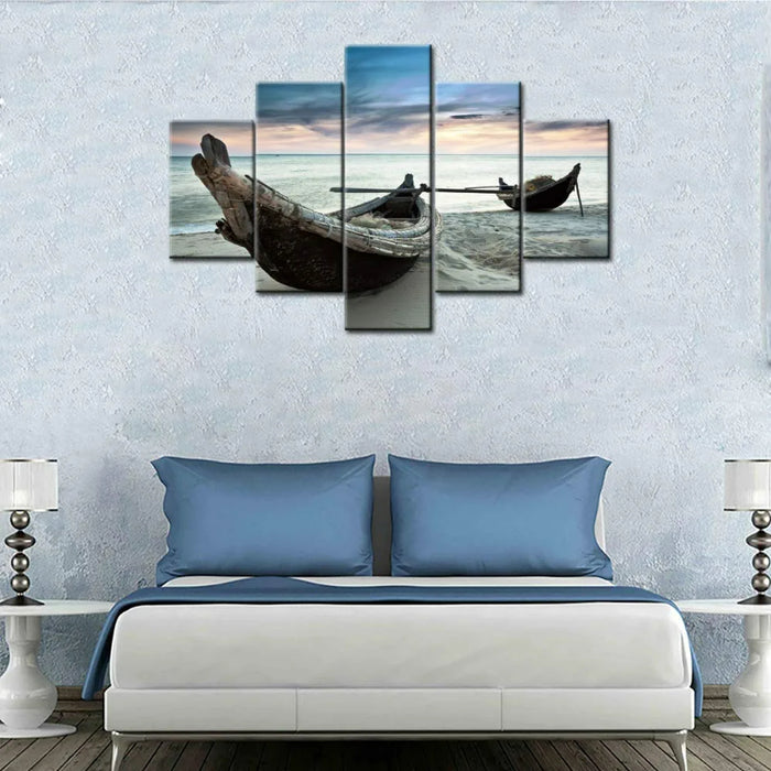 Set Of 5 Two Fisherman Boats Decorative Canvas