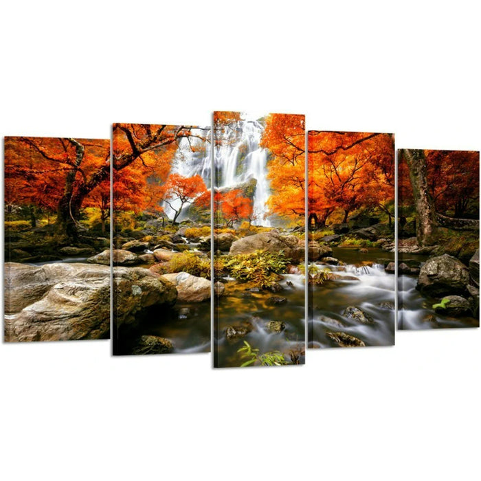 Set Of 5 Autumn Forest Waterfalls Decorative Canvas