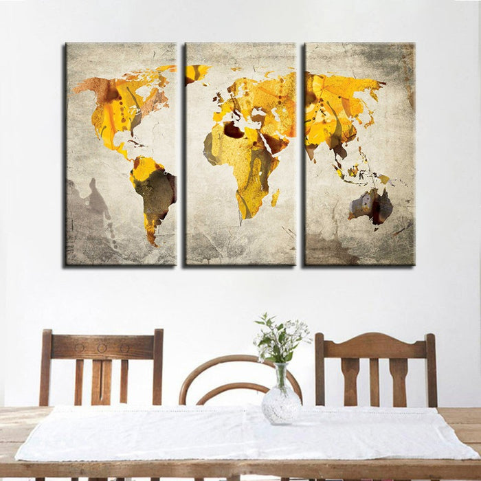 Yellow Classic World Map-Canvas Wall Art Painting 3 Pieces