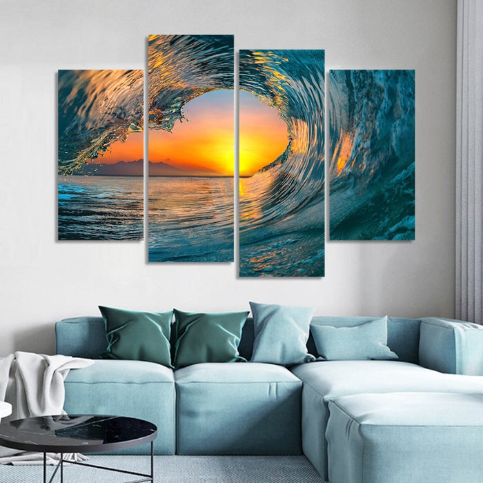 5 Piece Abstract Sunset Through Ocean Wave  - Canvas Wall Art Painting