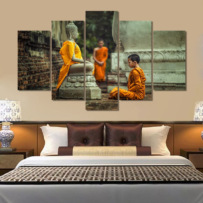 5 Piece Abstract Buddhist Monk in Vipassana Meditation  - Canvas Wall Art Painting