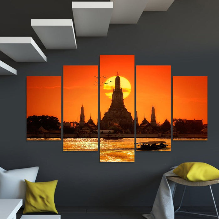 5 Piece Abstract Sunset Temple Bangkok Thailand  - Canvas Wall Art Painting