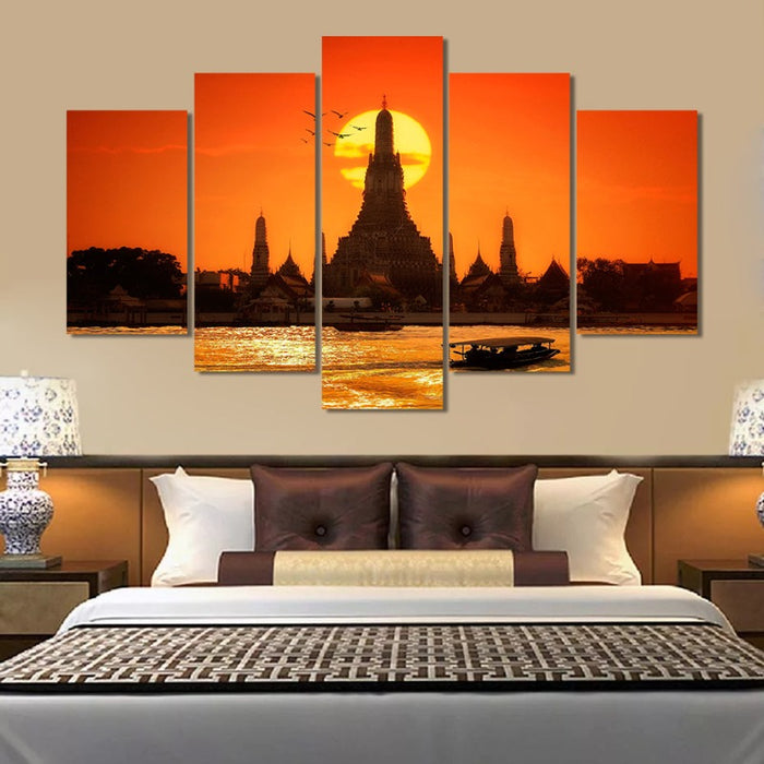 5 Piece Abstract Sunset Temple Bangkok Thailand  - Canvas Wall Art Painting