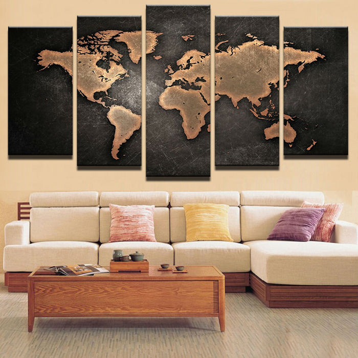 5 Pieces Retro World Map - Canvas Wall Art Painting