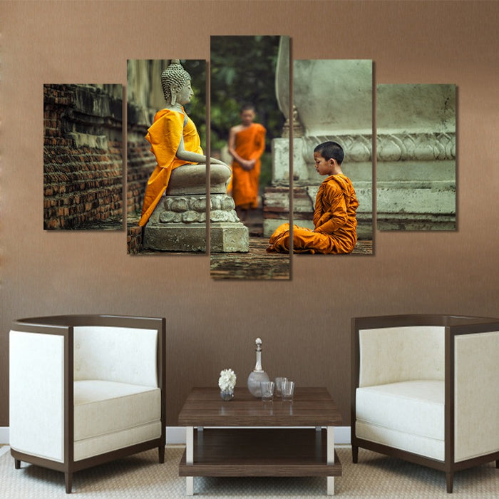 5 Piece Abstract Buddhist Monk in Vipassana Meditation  - Canvas Wall Art Painting
