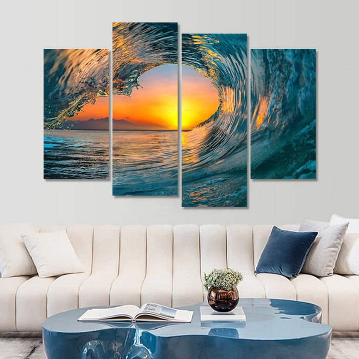 5 Piece Abstract Sunset Through Ocean Wave  - Canvas Wall Art Painting