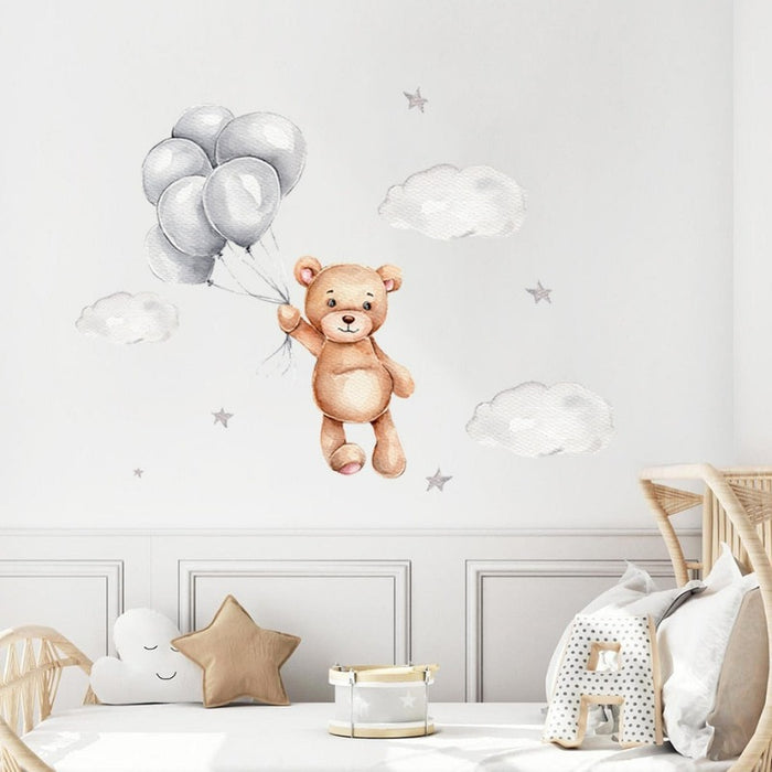 Cartoon Teddy Bear With Balloons & Clouds-Removable Wall Décor