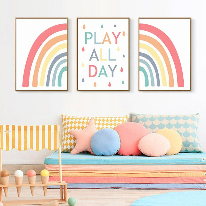 Colorful Rainbow Raindrop Play All Day - Canvas Wall Art Print