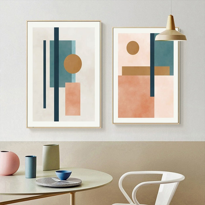Modern Abstract Beige Pink Blue Geometric Shapes - Canvas Wall Art Print