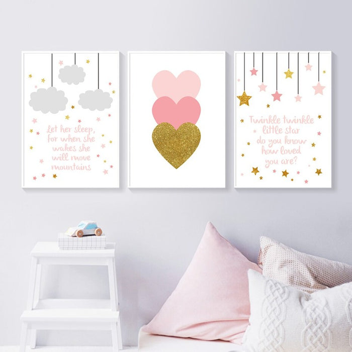 Modern Cartoon Pink Gold Heart Nursery - Canvas Wall Art Print