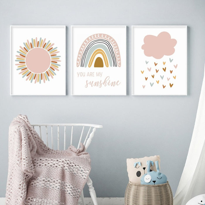 Boho Pink Rainbow Clouds Sunshine Nursery - Canvas Wall Art Print