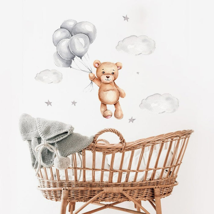 Cartoon Teddy Bear With Balloons & Clouds-Removable Wall Décor