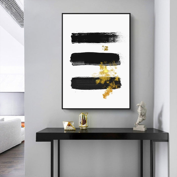 Abstract Black & Gold Brush Stroke - Canvas Wall Art Print